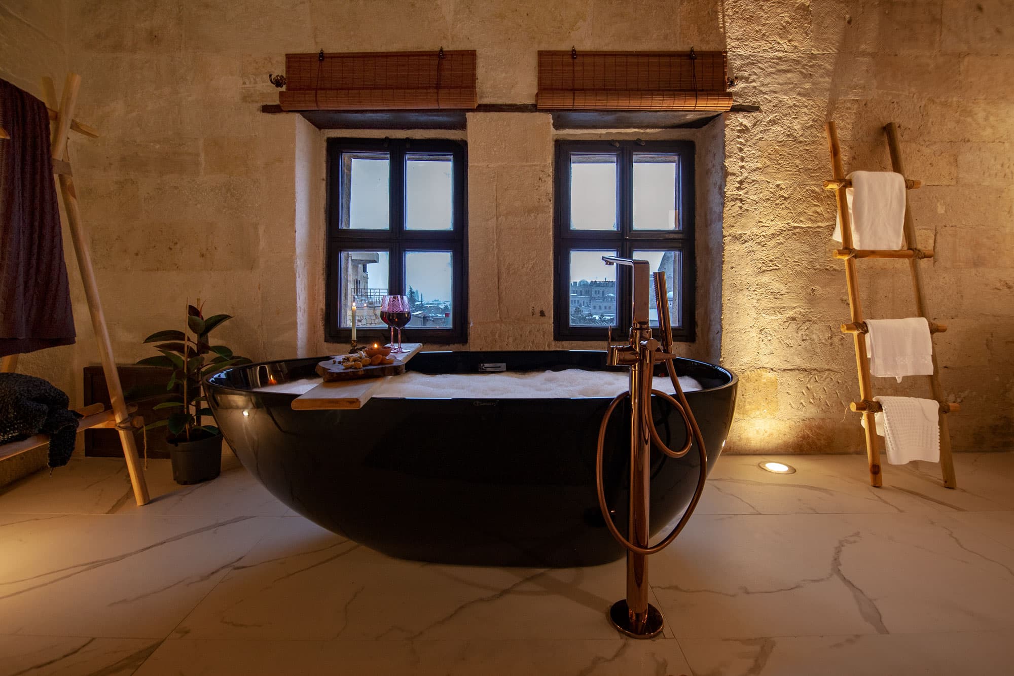 Black Stone Room with Bathtub